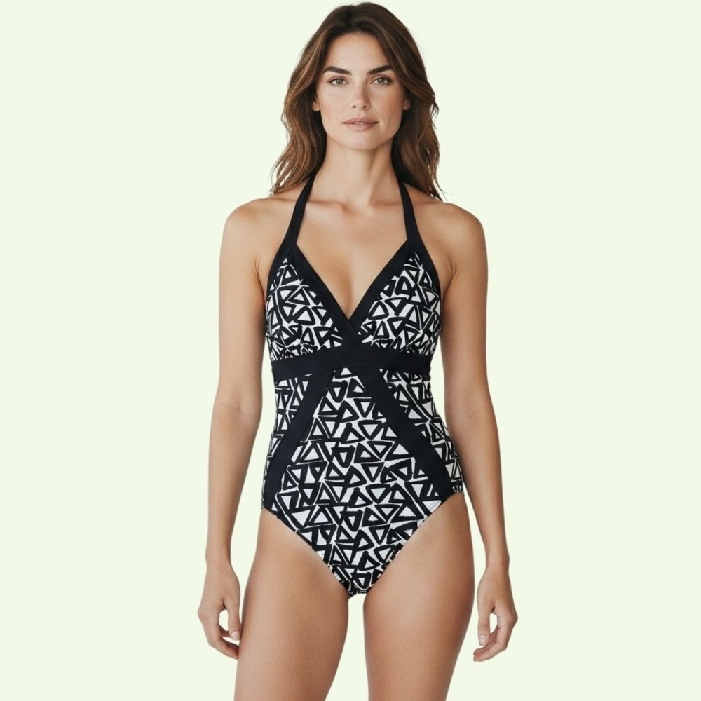 Magicsuit One Piece Swimsuit 14 Black White Geometric Halter Slimming‎